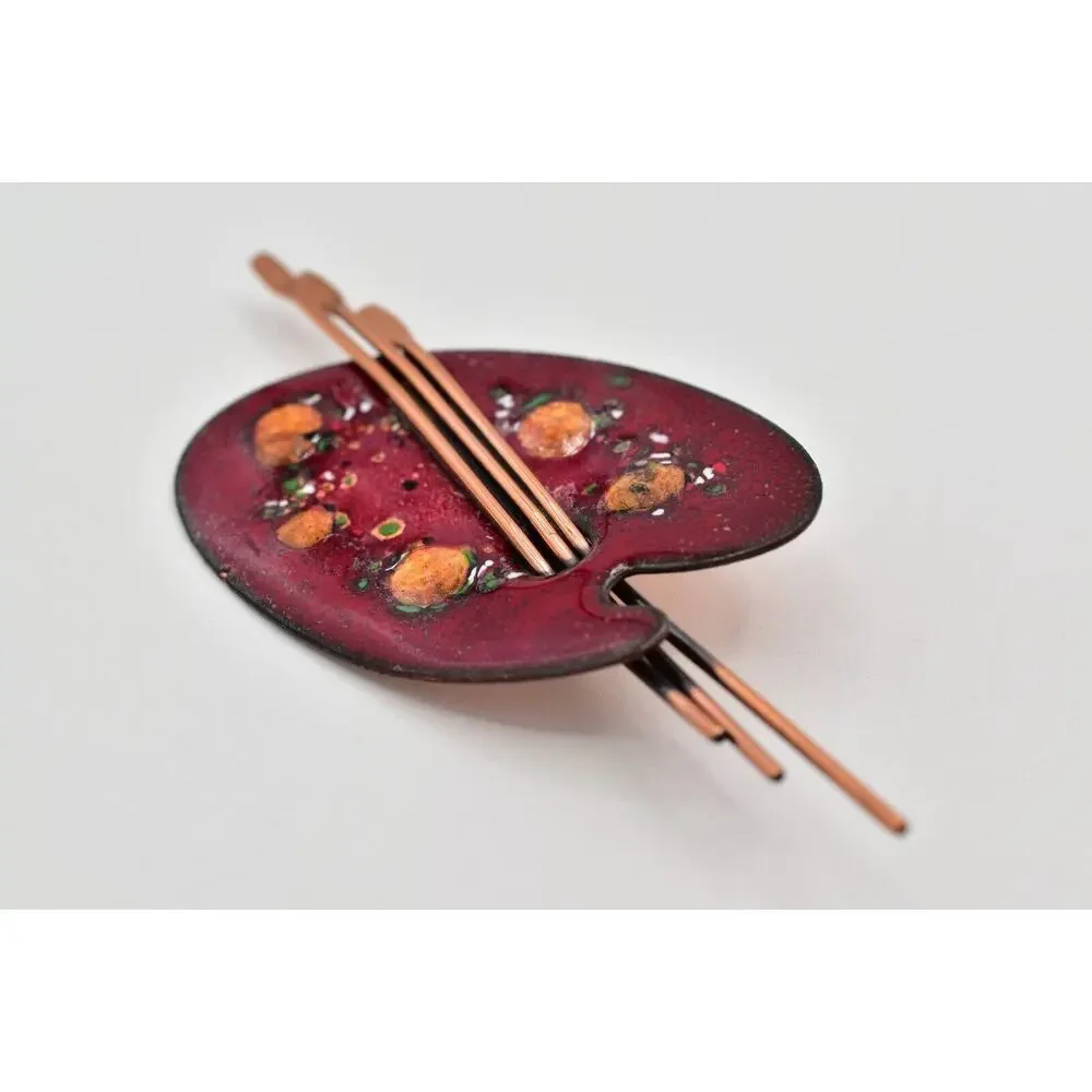Matisse Renoir Palette Brooch Pin Copper Red Enamel Vintage Signed 1950s BinBG